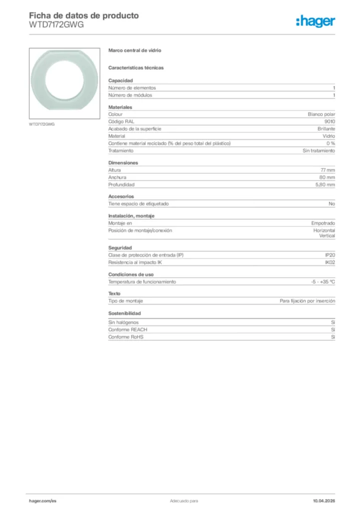 Imagen Hager Ficha de datos de producto WTD7172GWG | Hager España