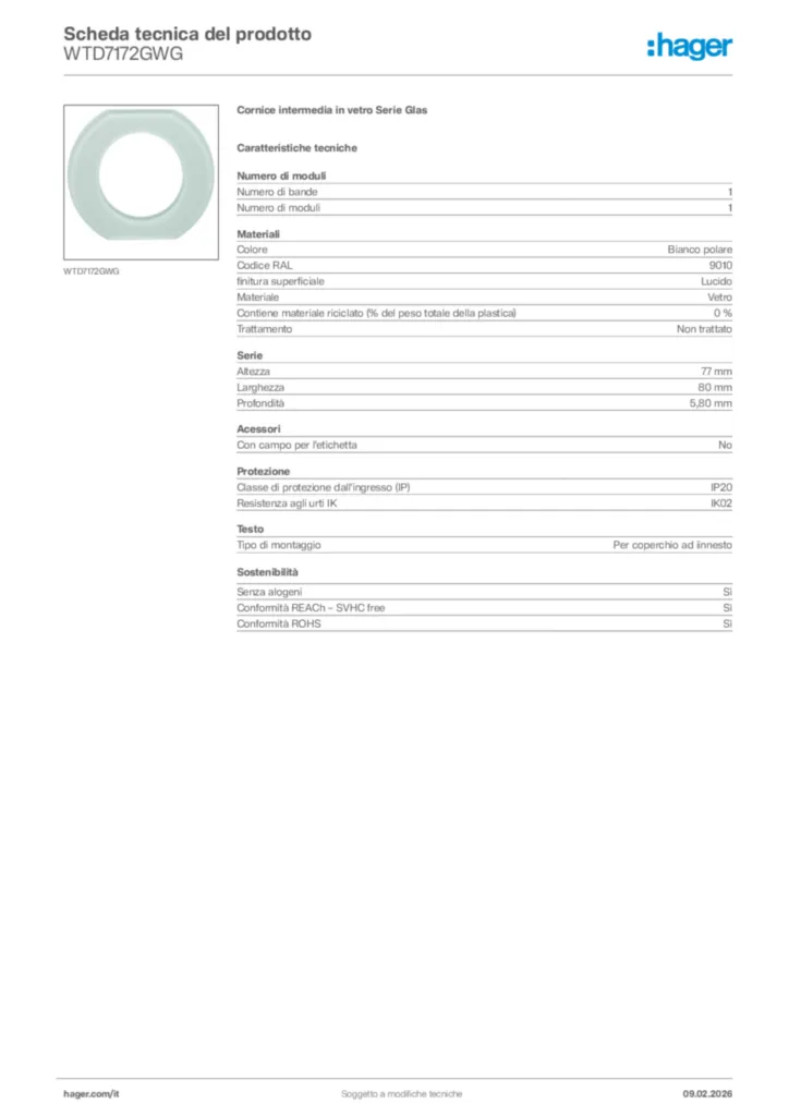 Immagine Hager Scheda tecnica del prodotto WTD7172GWG | Hager Italia