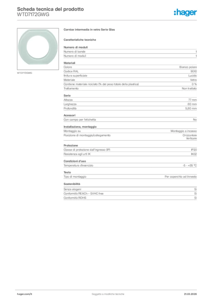 Immagine Hager Scheda tecnica del prodotto WTD7172GWG | Hager Italia