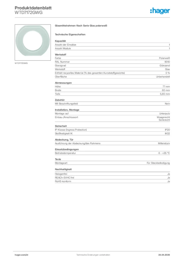 Bild Hager Produktdatenblatt WTD7172GWG | Hager Deutschland