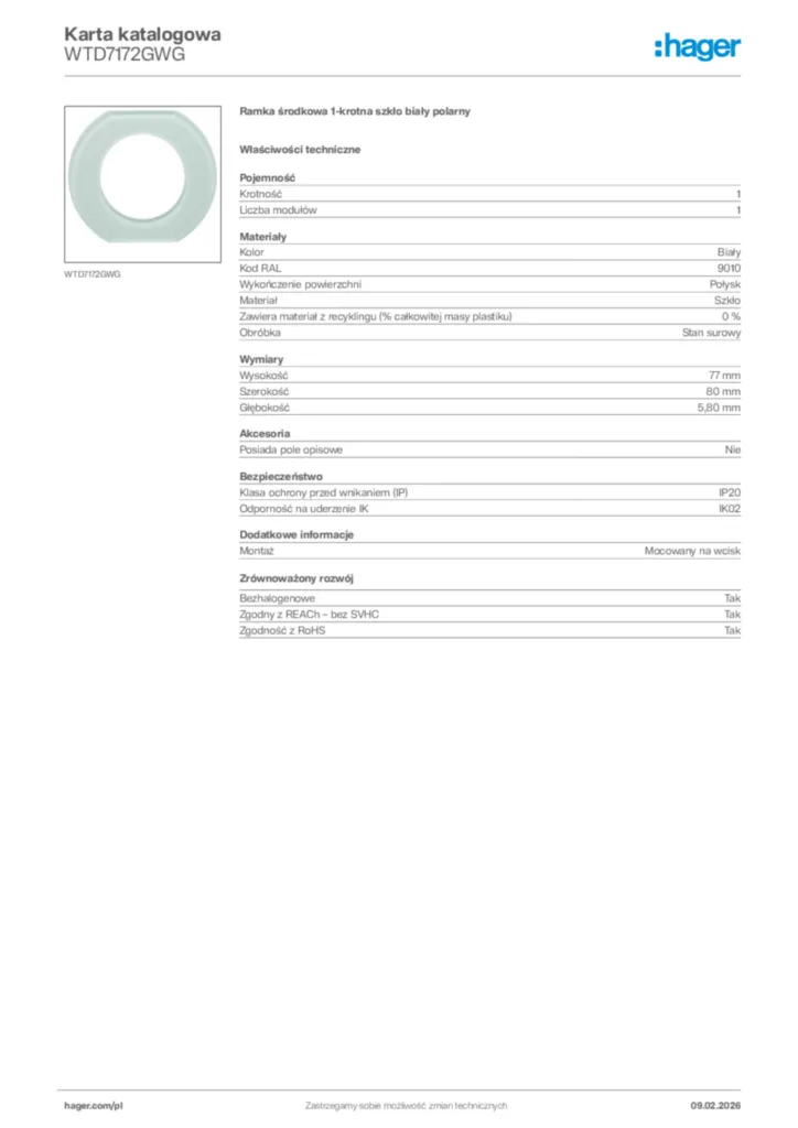 Zdjęcie Hager Karta katalogowa WTD7172GWG | Hager Polska