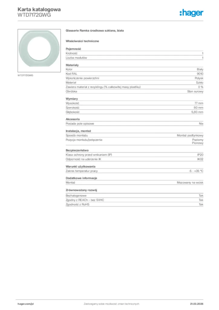 Zdjęcie Hager Karta katalogowa WTD7172GWG | Hager Polska