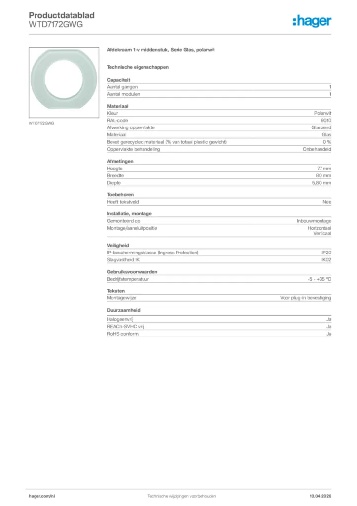 Afbeelding Hager Productdatablad WTD7172GWG | Hager Nederland