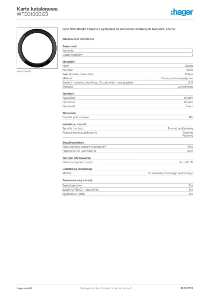 Zdjęcie Hager Karta katalogowa WTD3100BG3 | Hager Polska