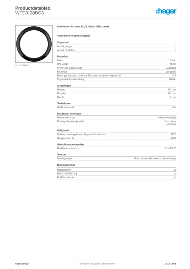 Afbeelding Hager Productdatablad WTD3100BG3 | Hager Nederland