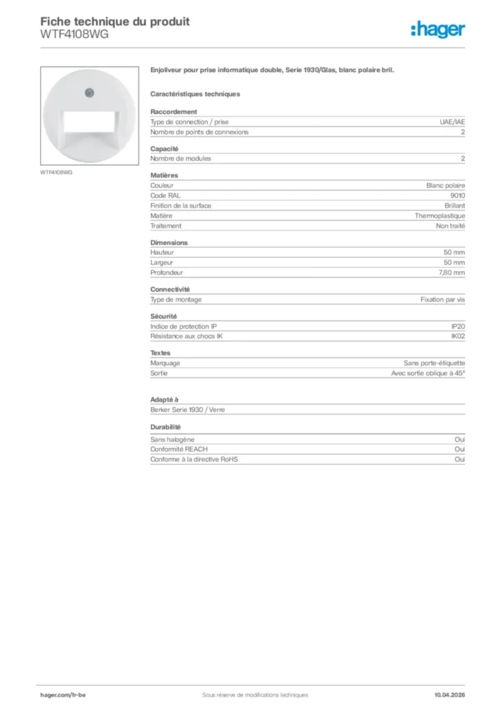 Image Hager Fiche technique du produit WTF4108WG | Hager Belgique