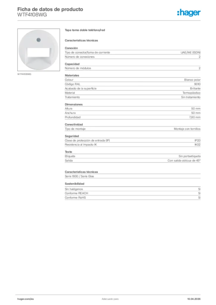 Imagen Hager Ficha de datos de producto WTF4108WG | Hager España