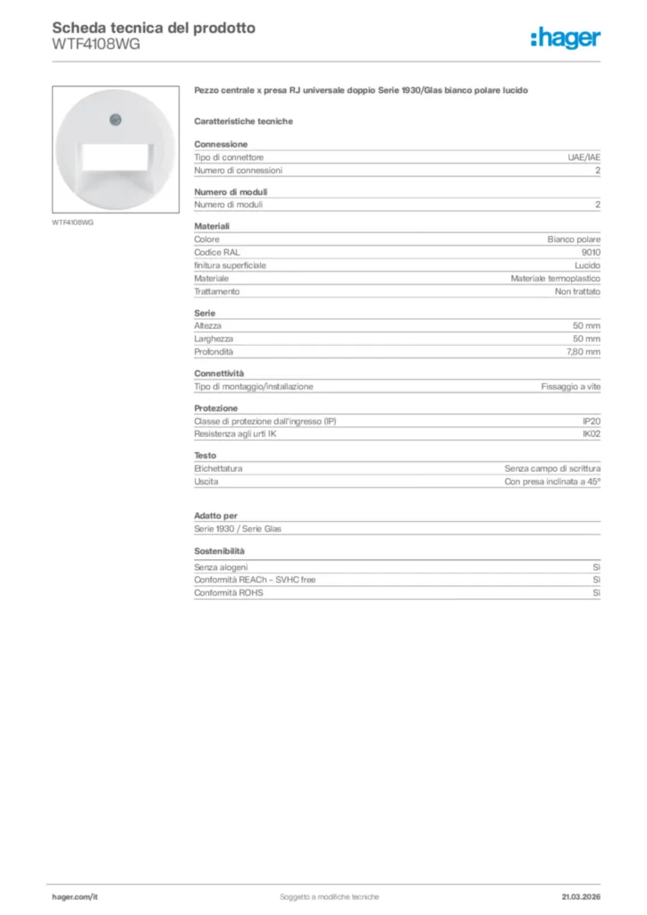 Immagine Hager Scheda tecnica del prodotto WTF4108WG | Hager Italia