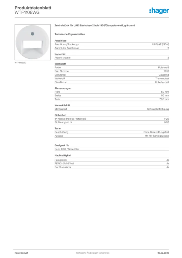 Bild Hager Produktdatenblatt WTF4108WG | Hager Deutschland