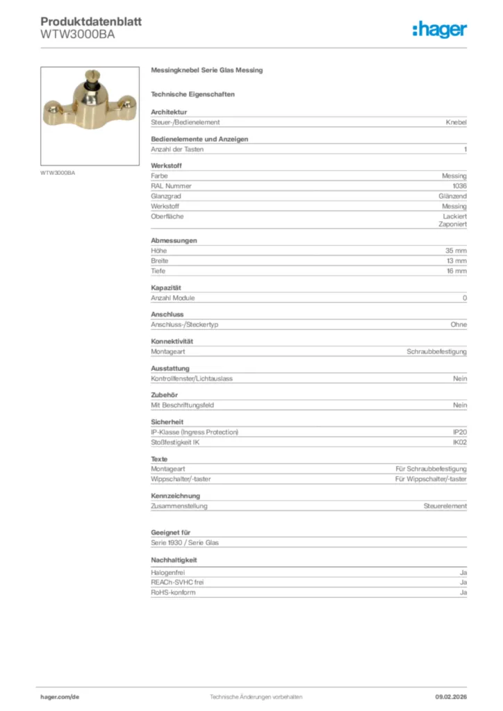 Bild Hager Produktdatenblatt WTW3000BA | Hager Deutschland