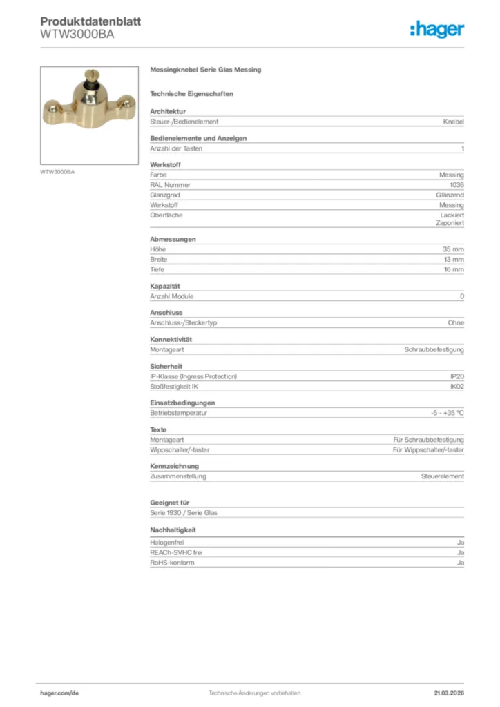 Bild Hager Produktdatenblatt WTW3000BA | Hager Deutschland