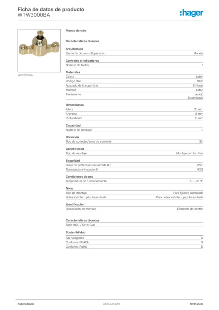 Imagen Hager Ficha de datos de producto WTW3000BA | Hager España