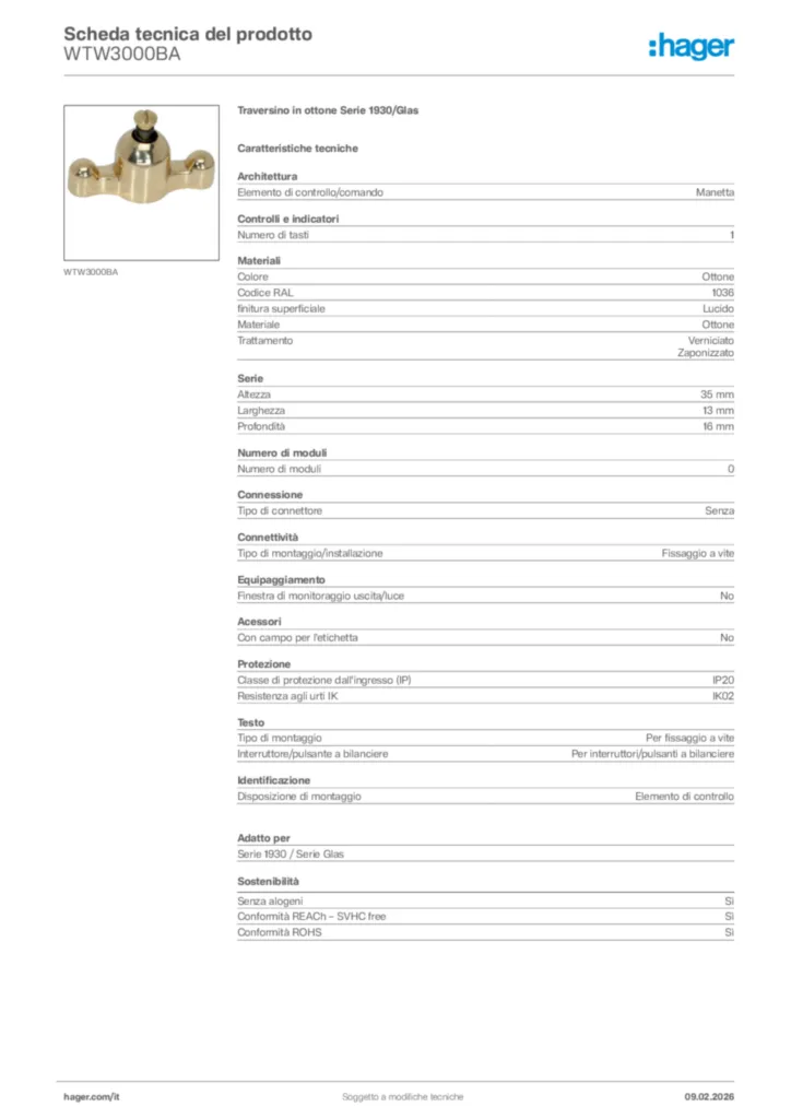 Immagine Hager Scheda tecnica del prodotto WTW3000BA | Hager Italia