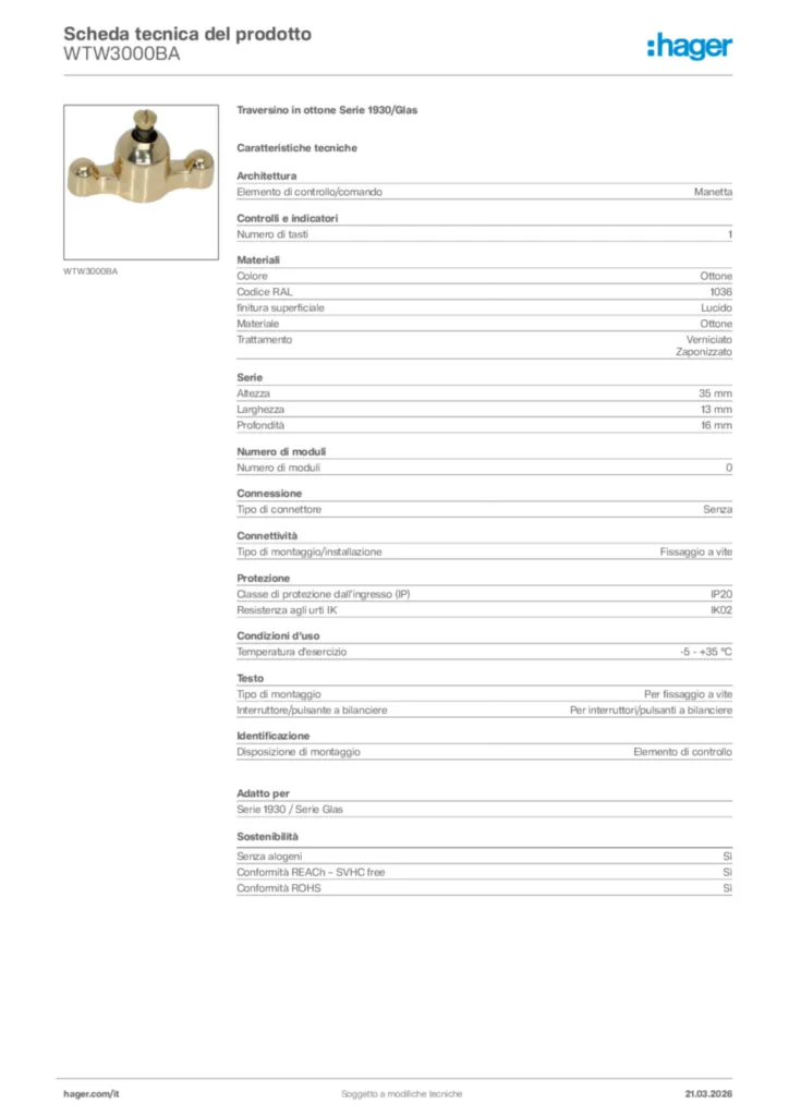 Immagine Hager Scheda tecnica del prodotto WTW3000BA | Hager Italia