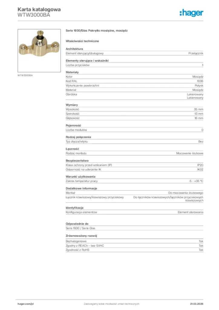 Zdjęcie Hager Karta katalogowa WTW3000BA | Hager Polska