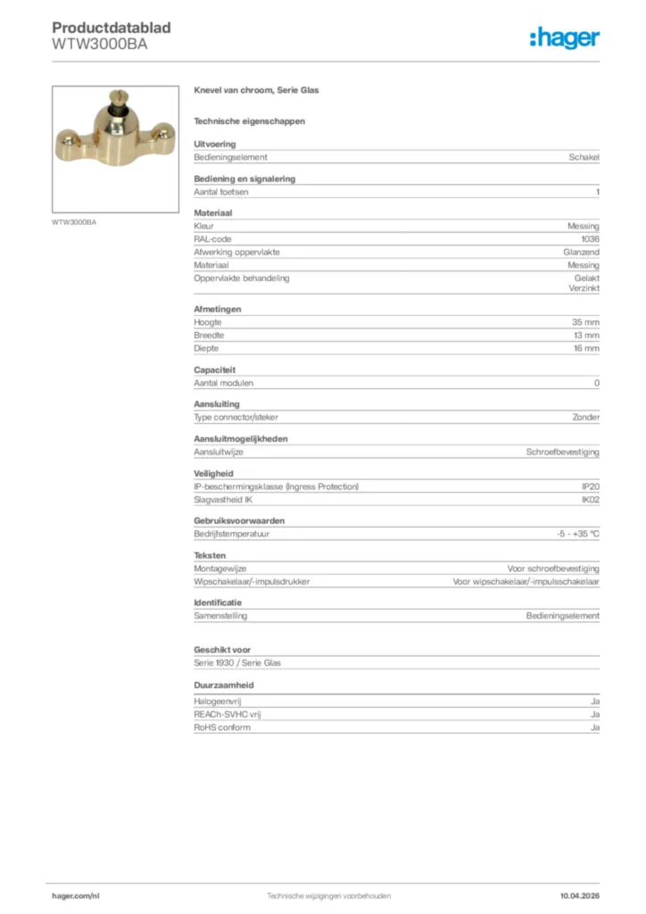 Afbeelding Hager Productdatablad WTW3000BA | Hager Nederland