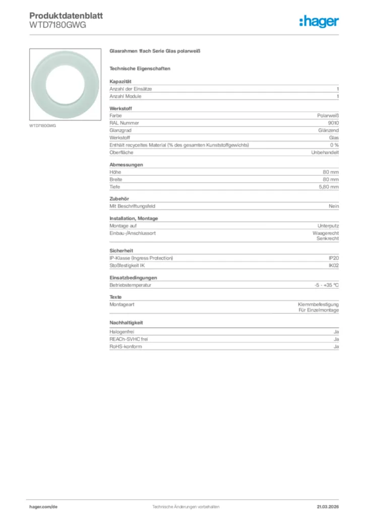 Bild Hager Produktdatenblatt WTD7180GWG | Hager Deutschland