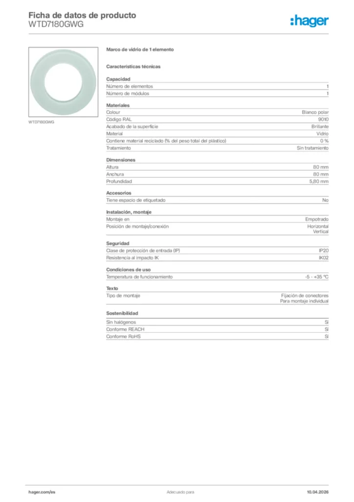 Imagen Hager Ficha de datos de producto WTD7180GWG | Hager España