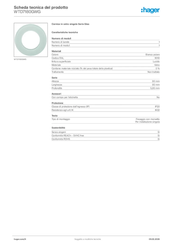 Immagine Hager Scheda tecnica del prodotto WTD7180GWG | Hager Italia
