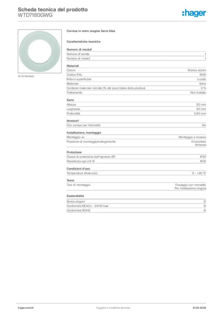 Immagine Hager Scheda tecnica del prodotto WTD7180GWG | Hager Italia