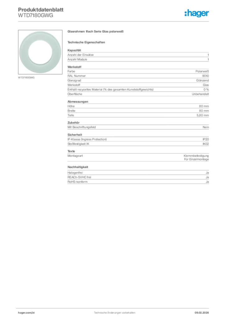 Bild Hager Produktdatenblatt WTD7180GWG | Hager Deutschland