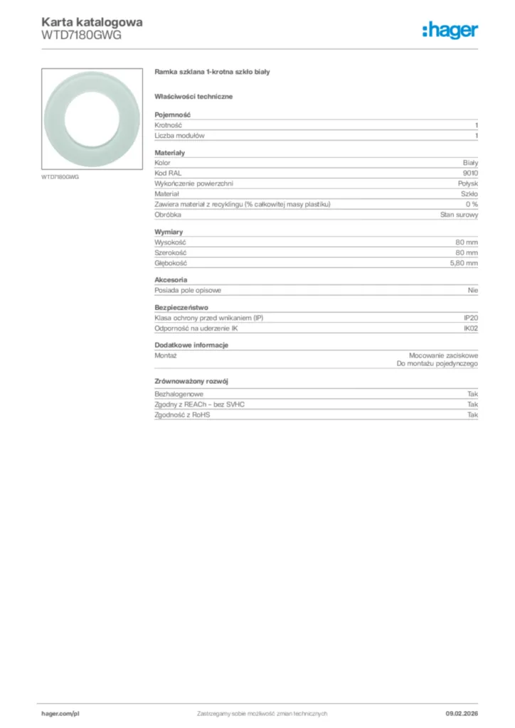 Zdjęcie Hager Karta katalogowa WTD7180GWG | Hager Polska