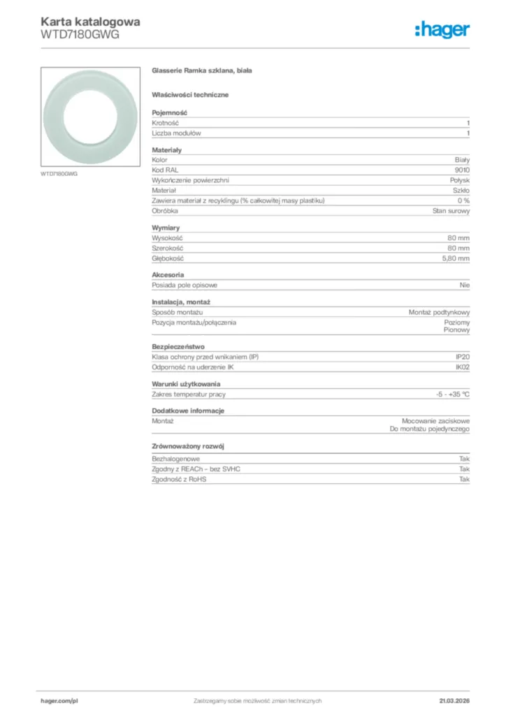 Zdjęcie Hager Karta katalogowa WTD7180GWG | Hager Polska