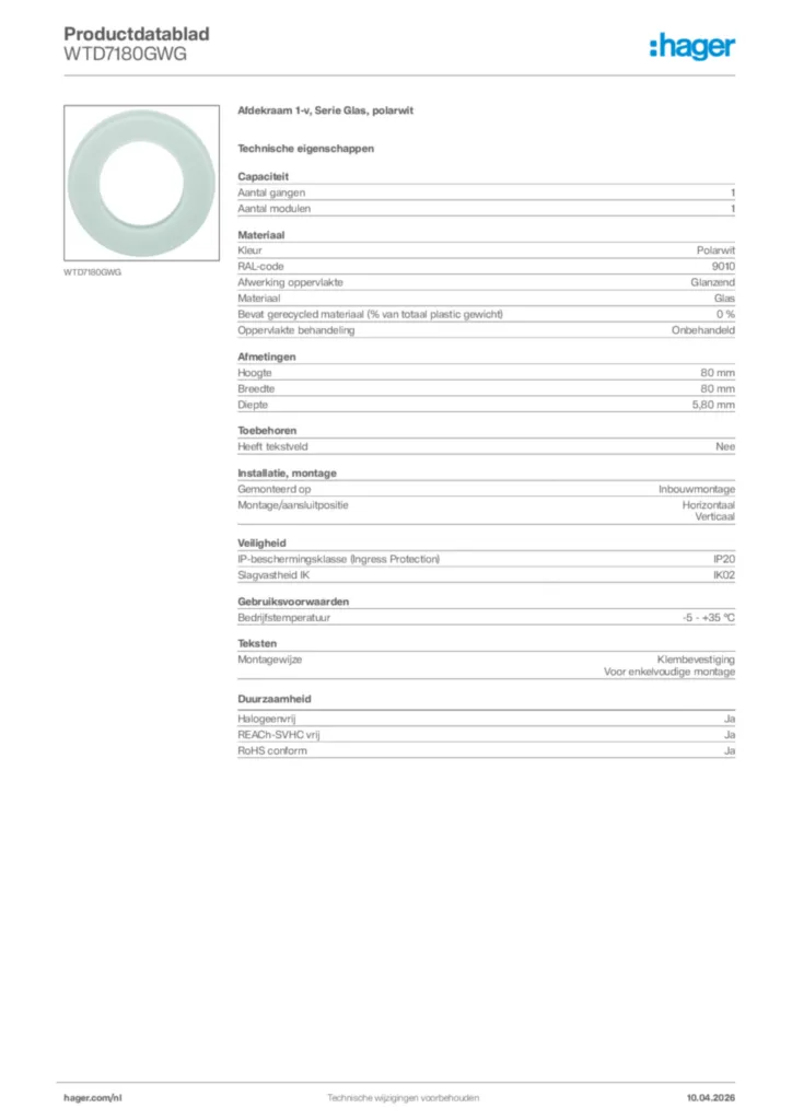 Afbeelding Hager Productdatablad WTD7180GWG | Hager Nederland