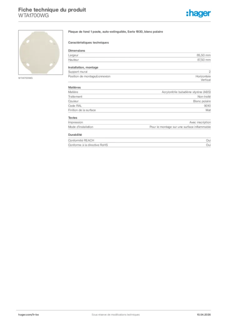 Image Hager Fiche technique du produit WTA1700WG | Hager Belgique