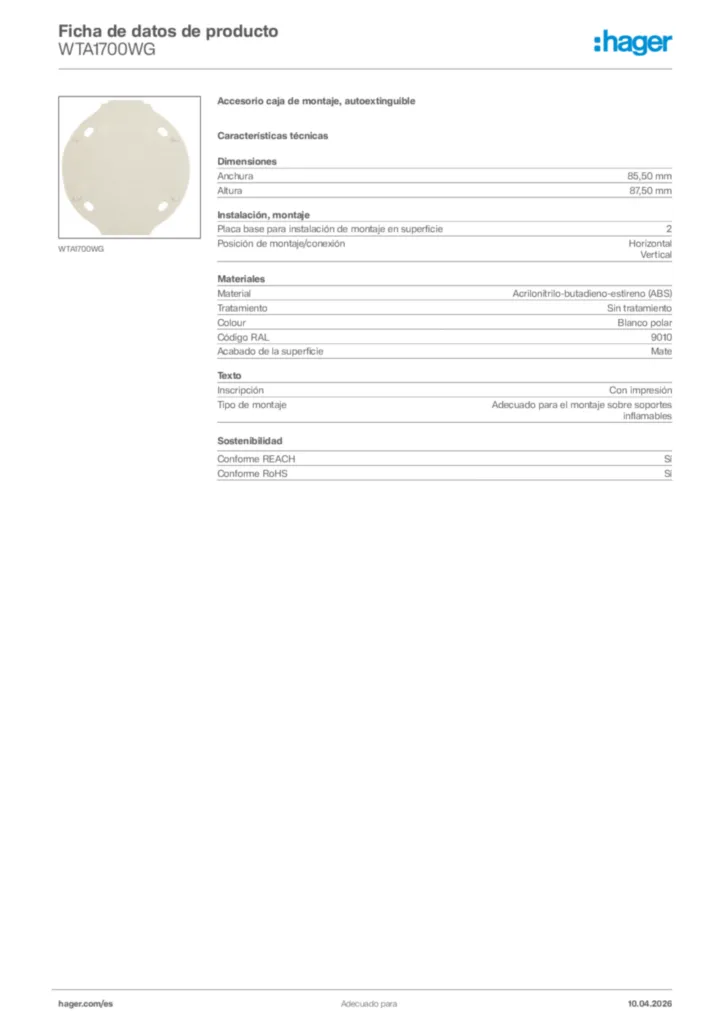 Imagen Hager Ficha de datos de producto WTA1700WG | Hager España