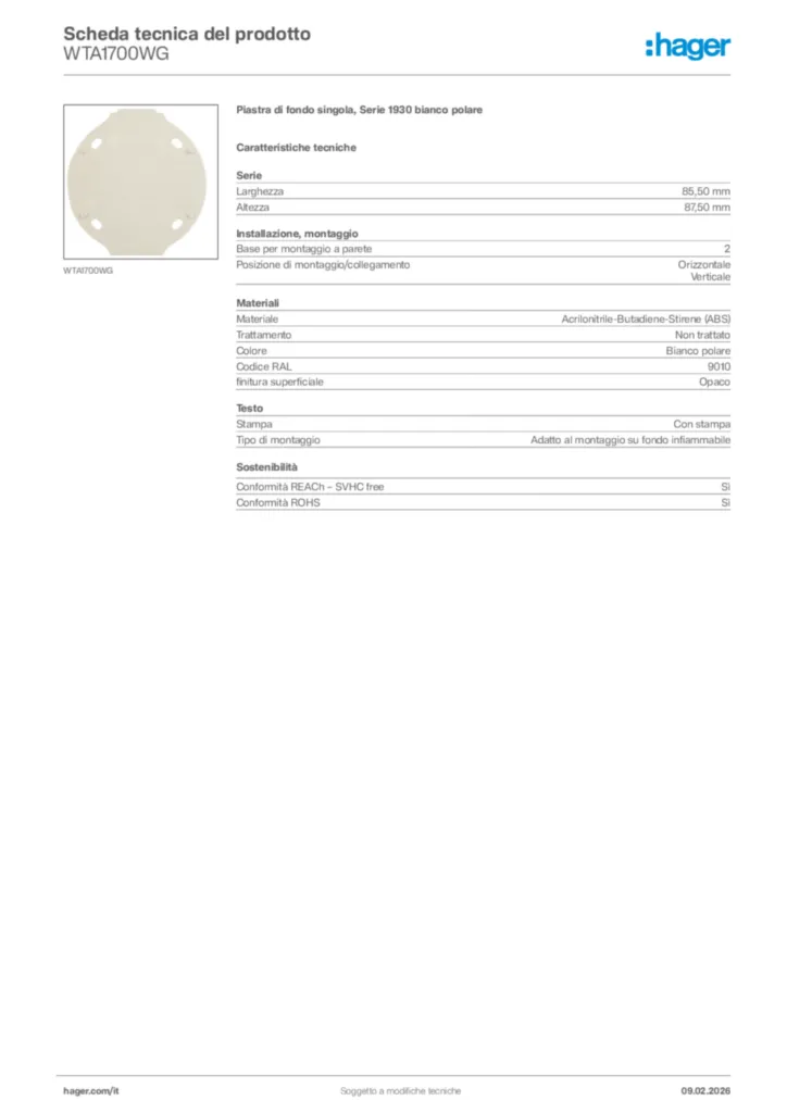 Immagine Hager Scheda tecnica del prodotto WTA1700WG | Hager Italia