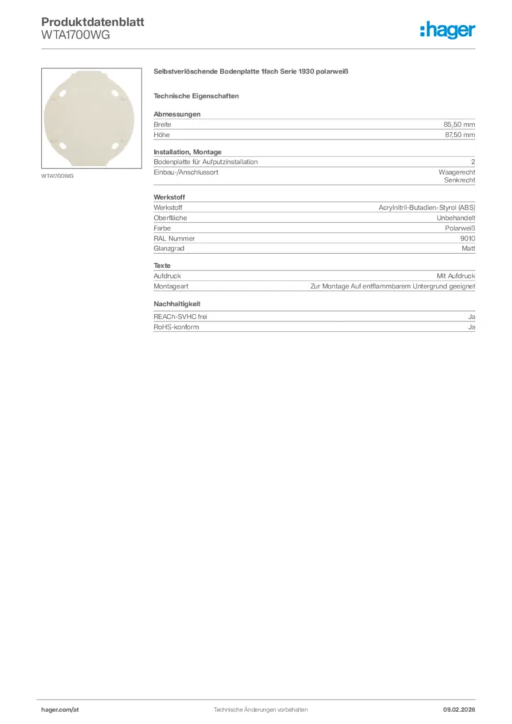 Bild Hager Produktdatenblatt WTA1700WG | Hager Deutschland