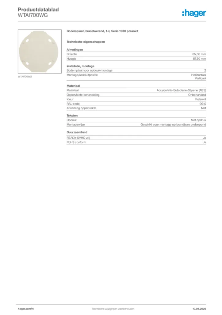 Afbeelding Hager Productdatablad WTA1700WG | Hager Nederland