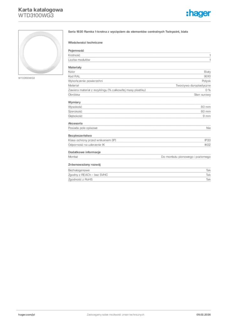 Zdjęcie Hager Karta katalogowa WTD3100WG3 | Hager Polska