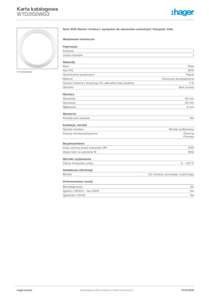Zdjęcie Hager Karta katalogowa WTD3100WG3 | Hager Polska