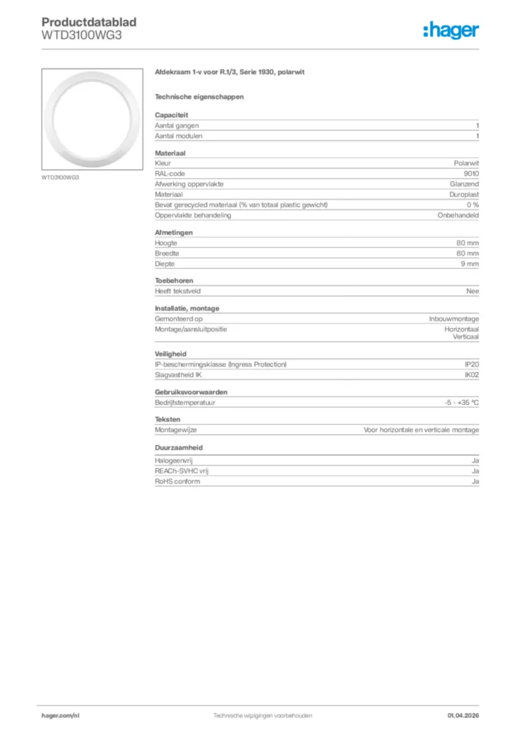 Afbeelding Hager Productdatablad WTD3100WG3 | Hager Nederland