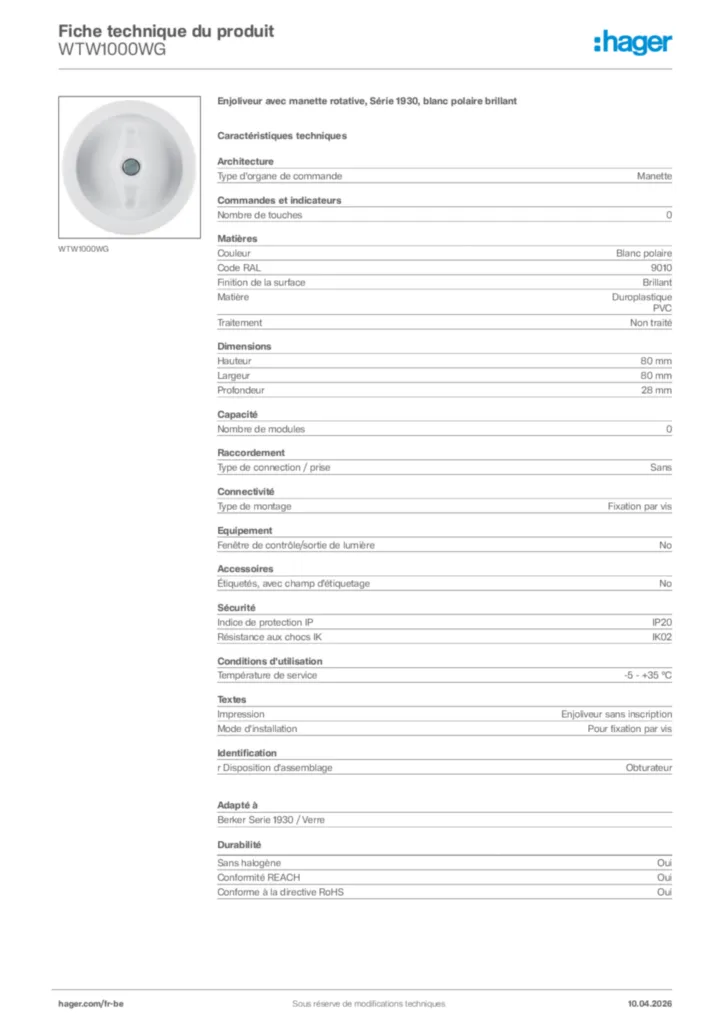 Image Hager Fiche technique du produit WTW1000WG | Hager Belgique