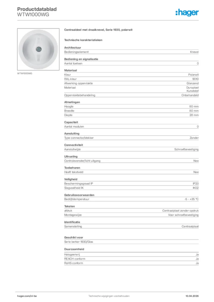 Afbeelding Hager Productdatablad WTW1000WG | Hager Belgium