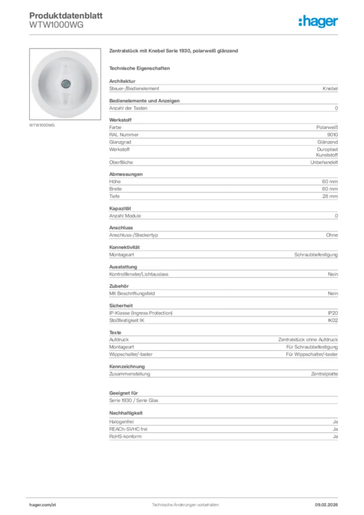 Bild Hager Produktdatenblatt WTW1000WG | Hager Deutschland