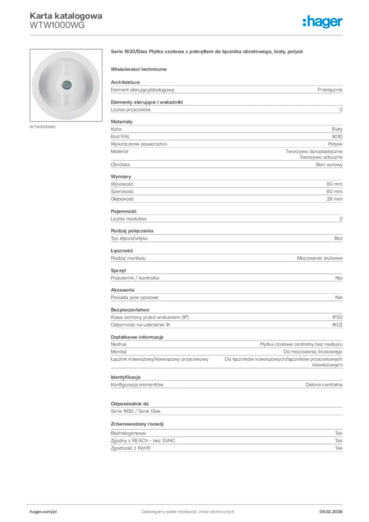 Zdjęcie Hager Karta katalogowa WTW1000WG | Hager Polska