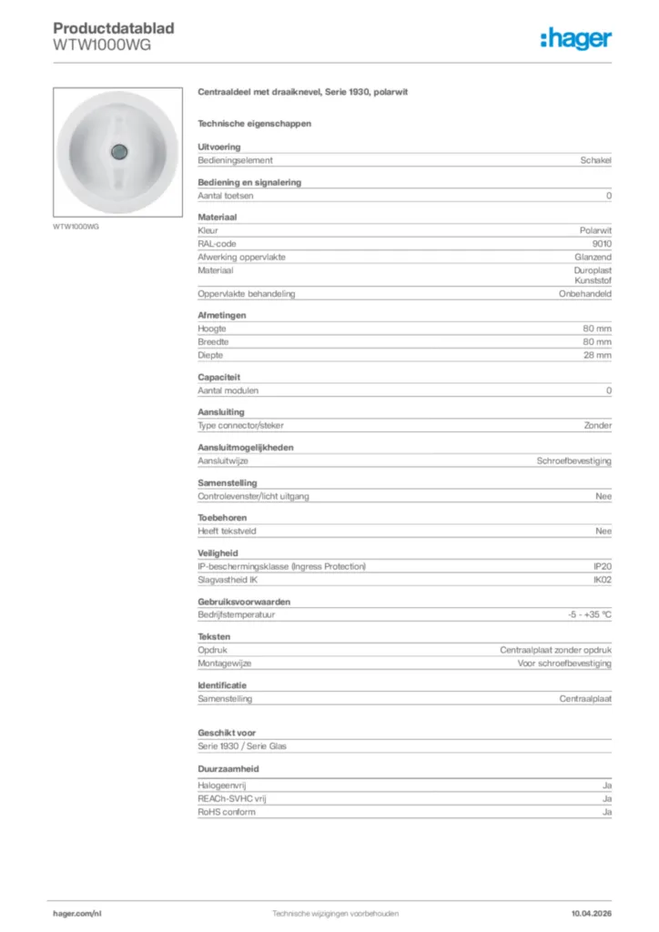 Afbeelding Hager Productdatablad WTW1000WG | Hager Nederland