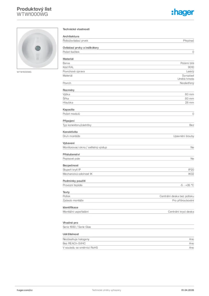 Obrázek Hager Product data sheet WTW1000WG | Hager