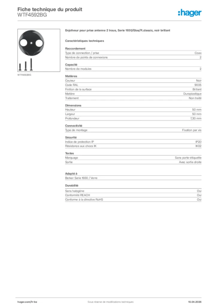 Image Hager Fiche technique du produit WTF4592BG | Hager Belgique