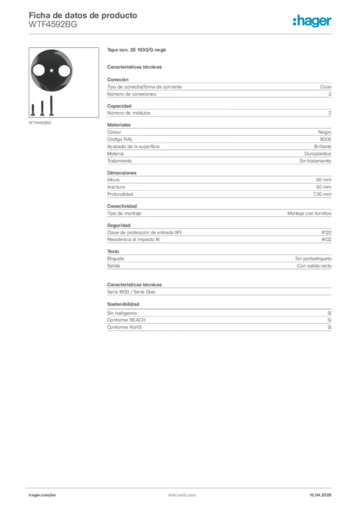 Imagen Hager Ficha de datos de producto WTF4592BG | Hager España