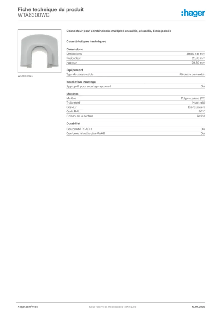 Image Hager Fiche technique du produit WTA6300WG | Hager Belgique