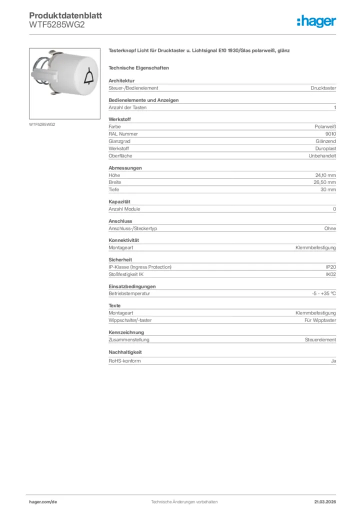 Bild Hager Produktdatenblatt WTF5285WG2 | Hager Deutschland