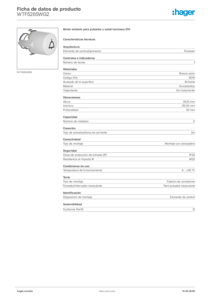 Imagen Hager Ficha de datos de producto WTF5285WG2 | Hager España