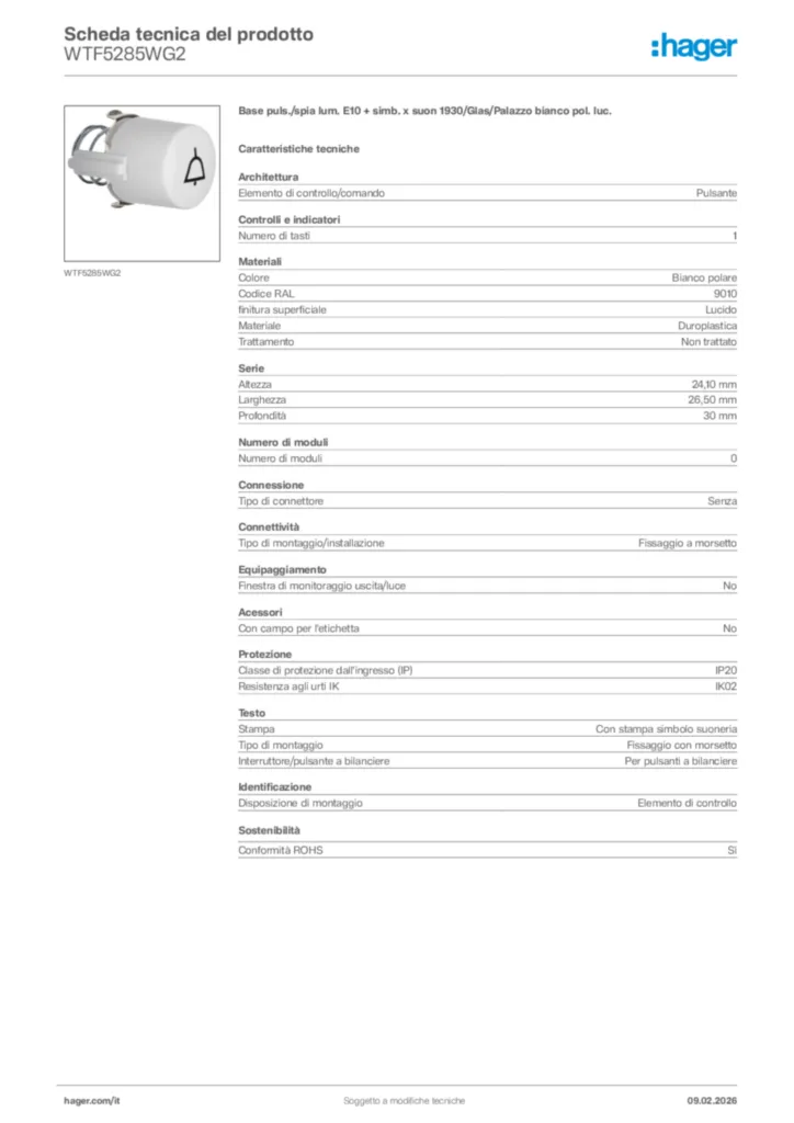 Immagine Hager Scheda tecnica del prodotto WTF5285WG2 | Hager Italia
