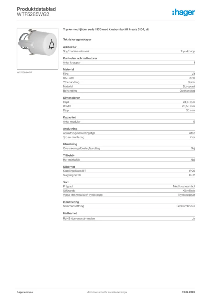 Bild Hager Produktdatablad WTF5285WG2 | Hager Sverige