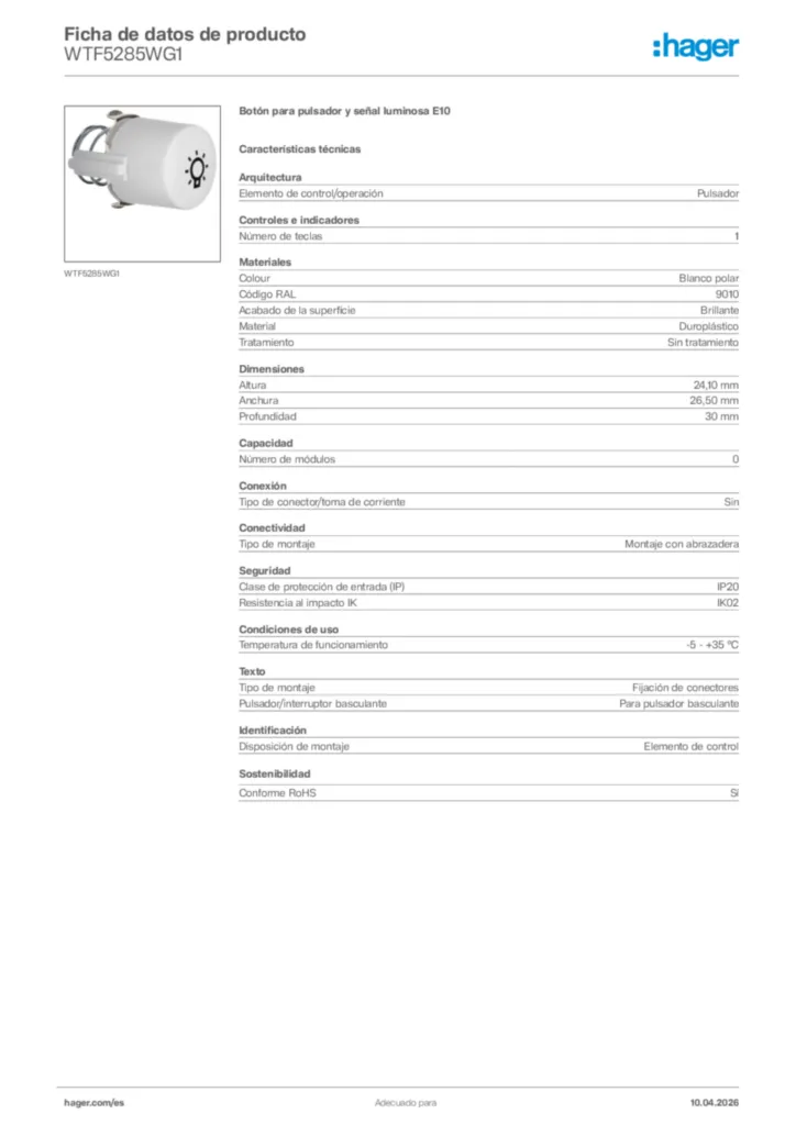 Imagen Hager Ficha de datos de producto WTF5285WG1 | Hager España